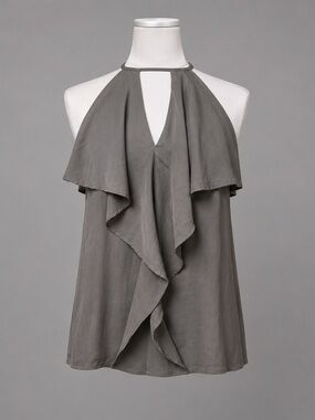Guess XS Gray Silky Ruffle Front Halter Style Blouse. Adjustable tie at neck.